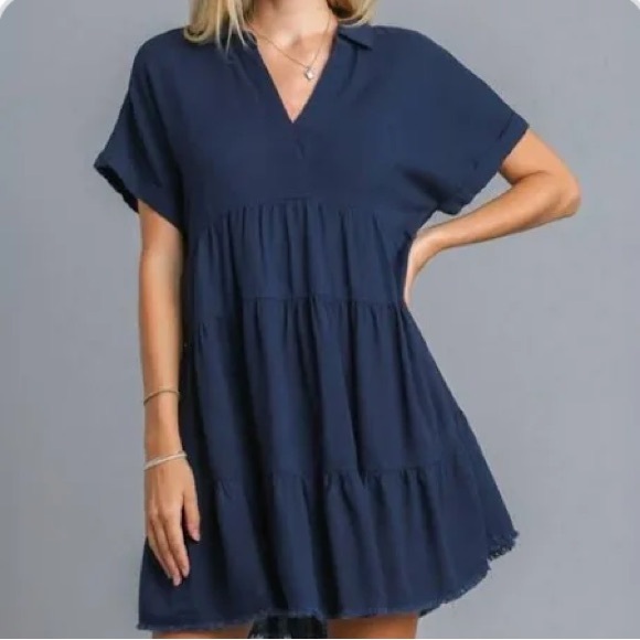 Umgee Dresses & Skirts - Umgee Full Size Raw Hem Folded Sleeve Tiered Linen Blend Flowy Babydoll Dress